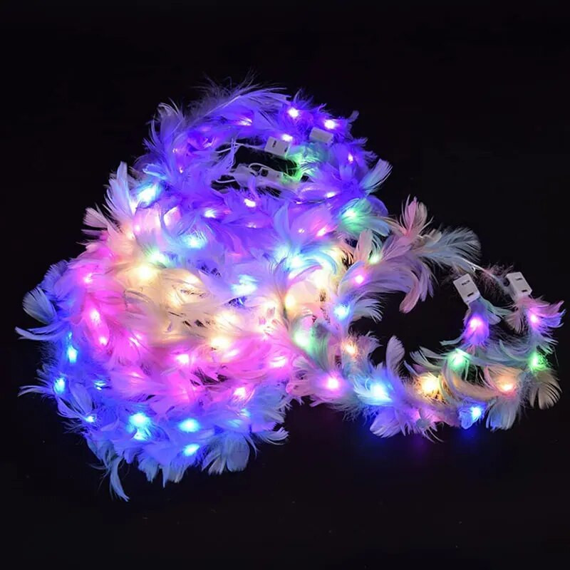 6бр. Flower Crown Led Feather Crown лента за глава Светещи светещи перо Angel Crown Wreath Ленти за глава Сватбен фестивал Парти