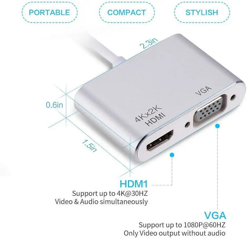 USB C 2in1 dokijaam Type-C Thunder-bolt3 kuni 4K HD ja 1080P VGA videomuunduri adapterkaabel Macbook Chromebook XPS PC jaoks