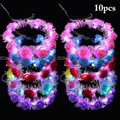 10PCS LED Flower Crown Fairy 14-LED светещ венец за коса Парти флорална лента за глава за коса Рожден ден Сватба Светеща лента за глава