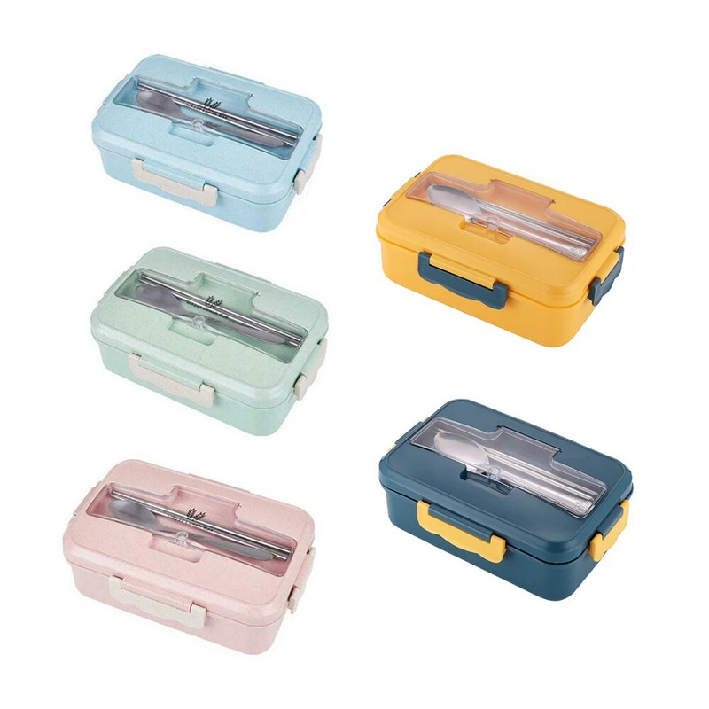 Mikrohullámú ebédlődoboz kanál evőpálcikákkal Búzaszalma étkészlet Élelmiszer tároló edény Gyerekek Iskola Iroda Bento Box