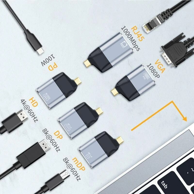 Nku USB C keitiklis su PD įkrovimu Thunderbolt 3 Type-C į DP / Mini DP / HDMI suderinamas / VGA / RJ45 vyriškas ir moteriškas adapteris, skirtas Macbook