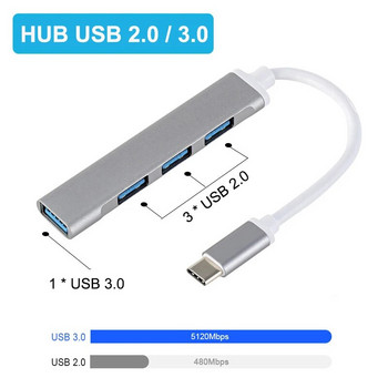 Τύπος C USB C HUB Προσαρμογέας πολλαπλών διαχωριστών 4 θυρών υψηλής ταχύτητας OTG για αξεσουάρ Macbook 15