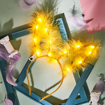 LED Glow Rabbit Bunny Feather Cat Ears 14 светлини Лента за глава Светещи шапки Парти реквизит Момиче Рожден ден Сватбена украса