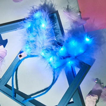 LED Glow Rabbit Bunny Feather Cat Ears 14 светлини Лента за глава Светещи шапки Парти реквизит Момиче Рожден ден Сватбена украса