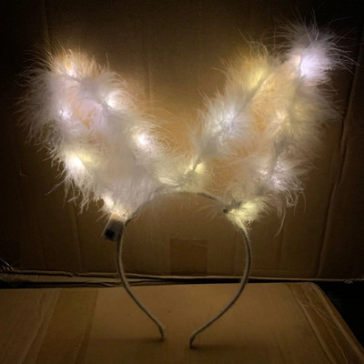 Šviečianti triušio zuikio plunksna katės ausys 14 lempučių galvos apdangalas Šviečiantis galvos apdangalas vakarėlio rekvizitas Merginos gimtadienio vestuvių vakarėlio dekoravimas