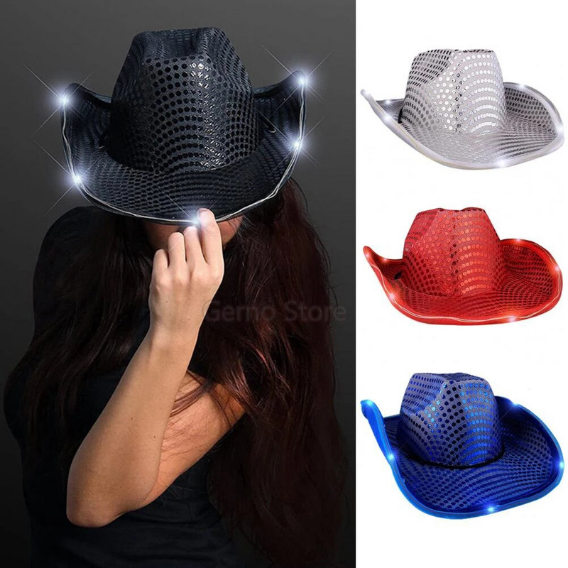 Șepci de cowboy cu LED strălucitoare pentru femei, bărbați, Crăciun, Halloween, costum de carnaval, petrecere, rochie de joacă, recuzită, pălării de cowgirl cu paiete de vest