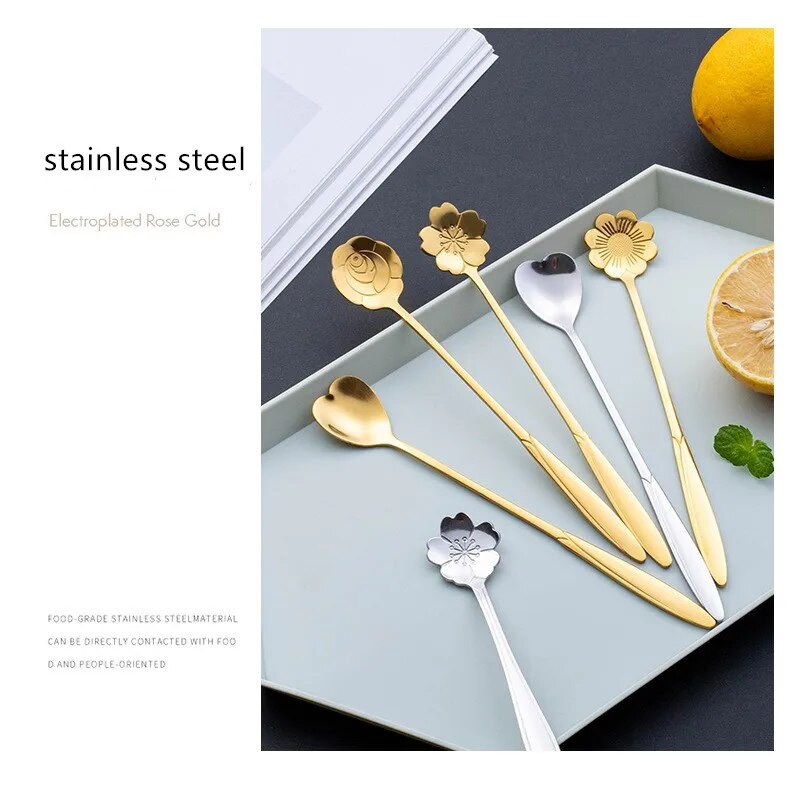 1 db rozsdamentes acél kanál Cherry Rose Gold Ezüst gombóc kávéskanál karácsonyi ajándékok konyhai kiegészítők étkészlet dekoráció
