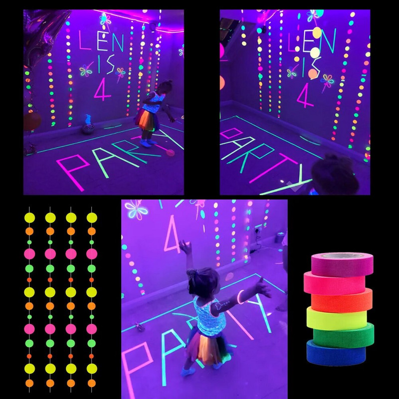 1 vnt UV fluorescencinės juostos lipdukai Blacklight Reaktyvus švytėjimas tamsoje Neoninė audinio juosta Įspėjimas „pasidaryk pats“ namų vakarėlio dekoravimas