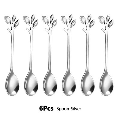 6 бр. Лъжици за кафе от неръждаема стомана Листа от златна клонка Лъжица Плодове Вилица Десерт Сладолед Чай Лъжици за разбъркване Кухненски прибори