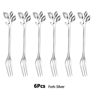 6 бр. Лъжици за кафе от неръждаема стомана Листа от златна клонка Лъжица Плодове Вилица Десерт Сладолед Чай Лъжици за разбъркване Кухненски прибори