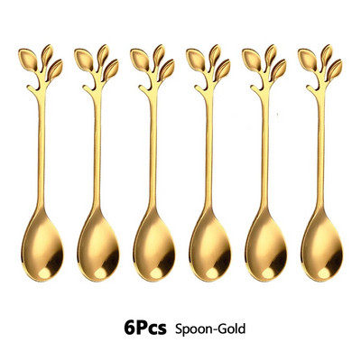 6 бр. Лъжици за кафе от неръждаема стомана Листа от златна клонка Лъжица Плодове Вилица Десерт Сладолед Чай Лъжици за разбъркване Кухненски прибори
