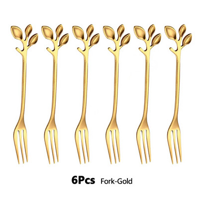 6 бр. Лъжици за кафе от неръждаема стомана Листа от златна клонка Лъжица Плодове Вилица Десерт Сладолед Чай Лъжици за разбъркване Кухненски прибори