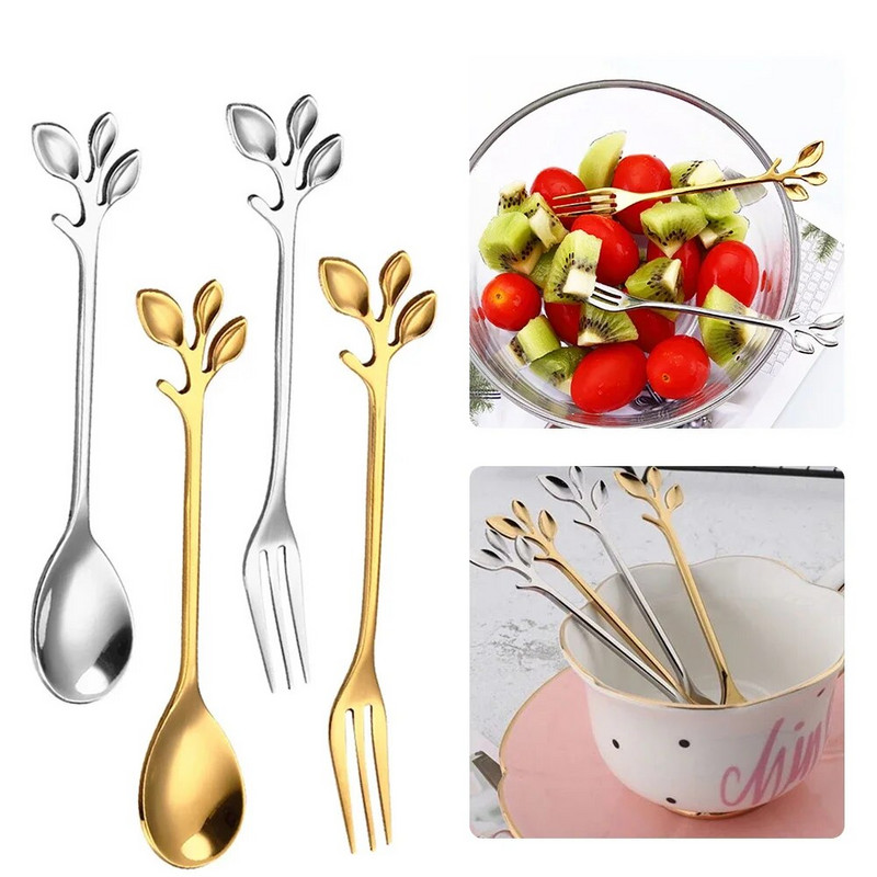 6 бр. Лъжици за кафе от неръждаема стомана Листа от златна клонка Лъжица Плодове Вилица Десерт Сладолед Чай Лъжици за разбъркване Кухненски прибори