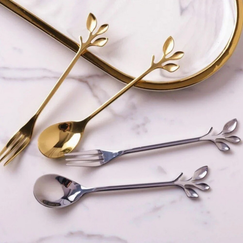 6 бр. Лъжици за кафе от неръждаема стомана Листа от златна клонка Лъжица Плодове Вилица Десерт Сладолед Чай Лъжици за разбъркване Кухненски прибори