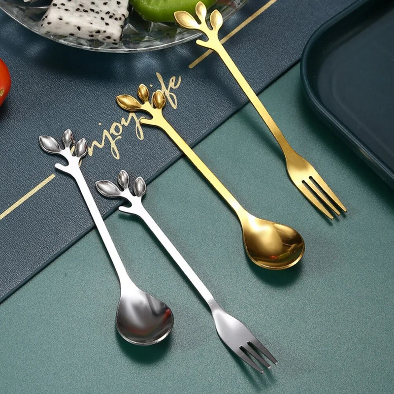 6 бр. Лъжици за кафе от неръждаема стомана Листа от златна клонка Лъжица Плодове Вилица Десерт Сладолед Чай Лъжици за разбъркване Кухненски прибори