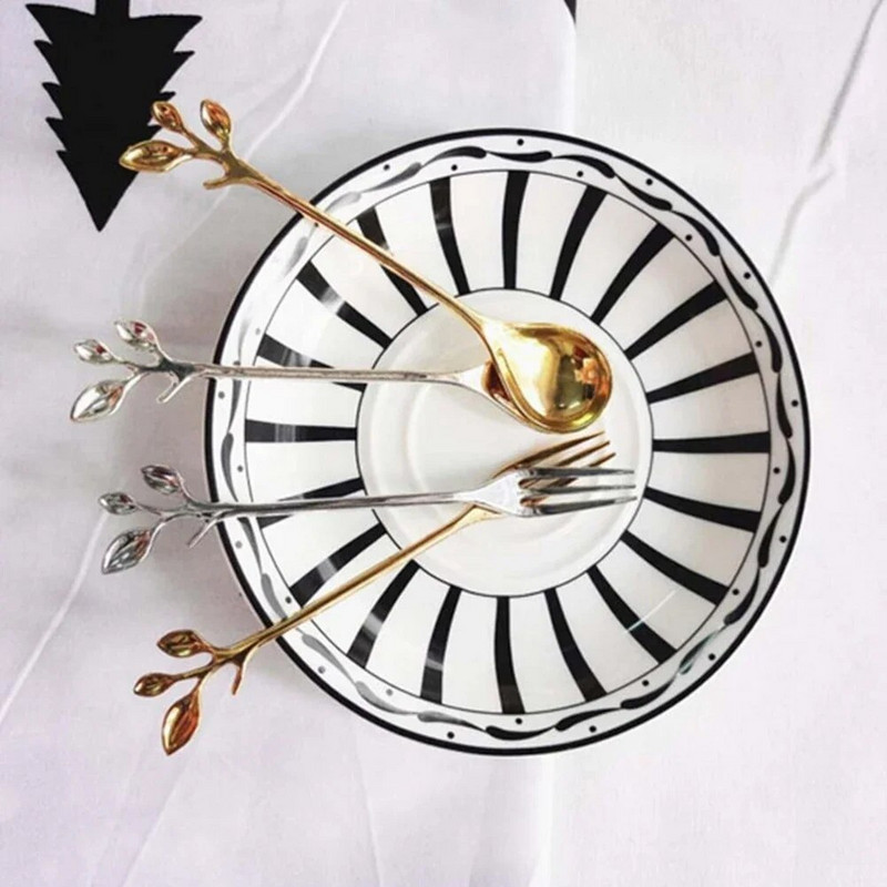 6 бр. Лъжици за кафе от неръждаема стомана Листа от златна клонка Лъжица Плодове Вилица Десерт Сладолед Чай Лъжици за разбъркване Кухненски прибори