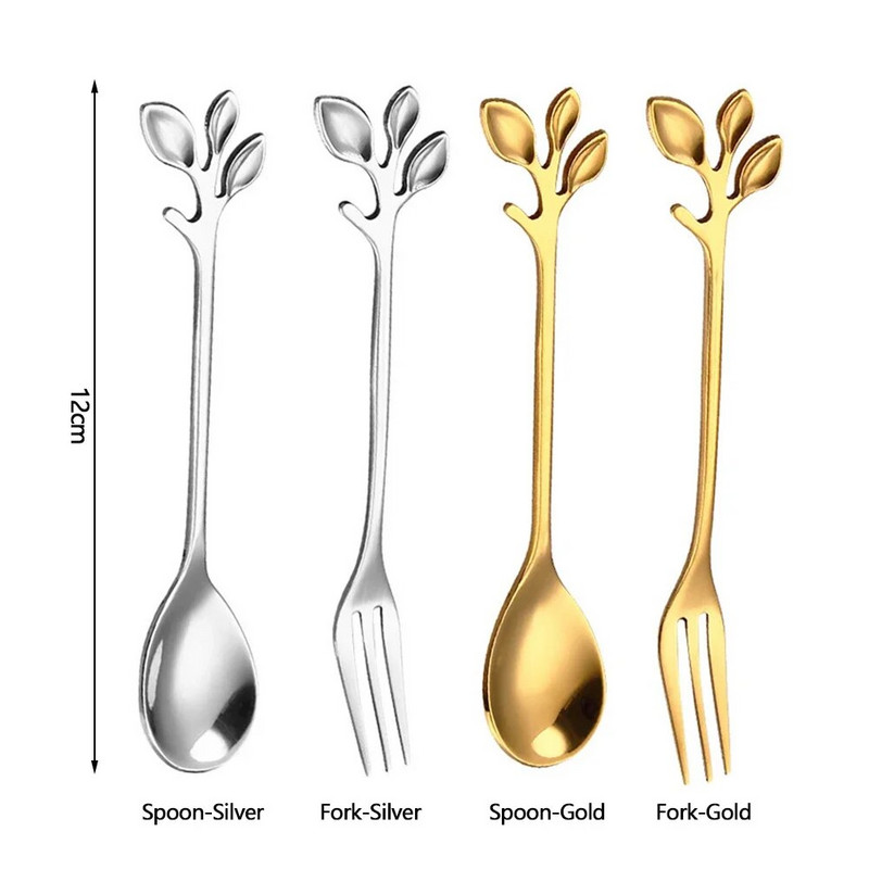 6 бр. Лъжици за кафе от неръждаема стомана Листа от златна клонка Лъжица Плодове Вилица Десерт Сладолед Чай Лъжици за разбъркване Кухненски прибори