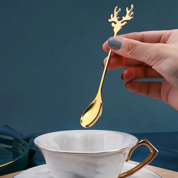 Γελοιογραφία από ανοξείδωτο ατσάλι Χριστουγεννιάτικο κουτάλι αλκών Χαριτωμένο κεφάλι ελαφιού μίνι κουτάλια παγωτού Επιδόρπιο καφέ ανακατεύοντας κουτάλι