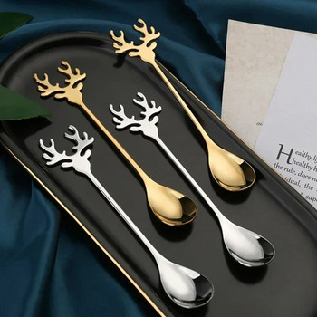 Γελοιογραφία από ανοξείδωτο ατσάλι Χριστουγεννιάτικο κουτάλι αλκών Χαριτωμένο κεφάλι ελαφιού μίνι κουτάλια παγωτού Επιδόρπιο καφέ ανακατεύοντας κουτάλι