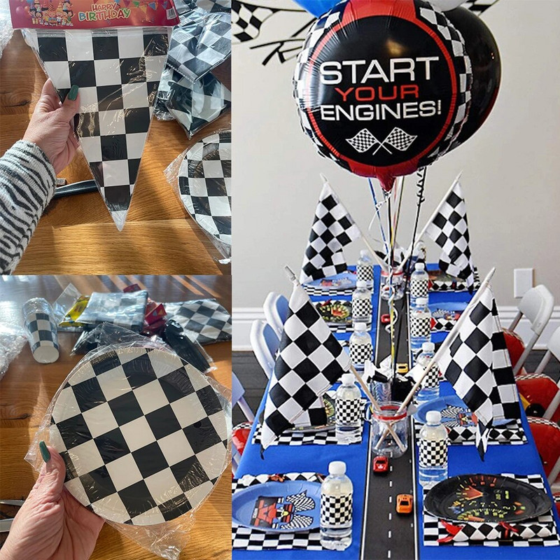 Crno-bijeli trkaći automobil Tematski pribor za zabave Jednokratni set posuđa Papirnati tanjuri Šalice Dječaci Rođendanski ukrasi za bebe