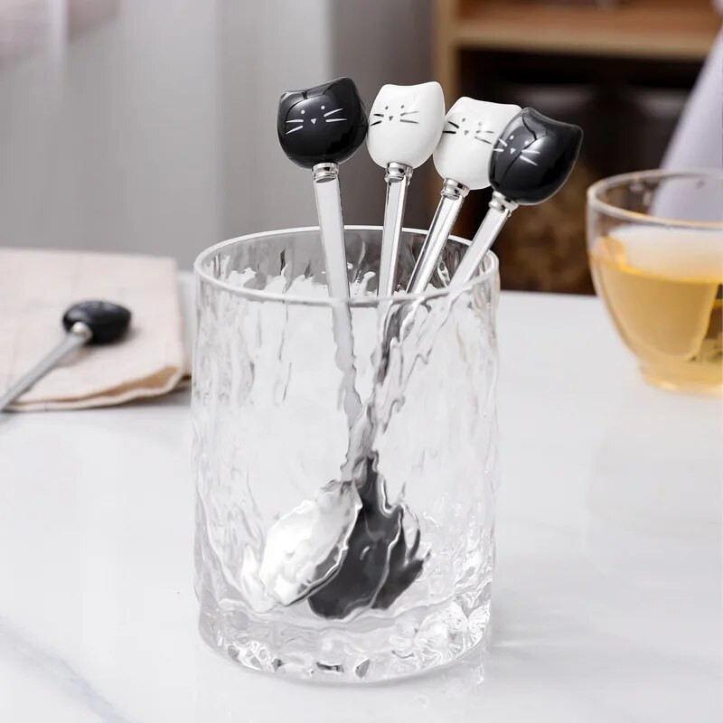 1PC Котешки керамични лъжици от неръждаема стомана Карикатура Сладолед Захар Чай Десертна лъжица Лъжица за кафе Аксесоари за кафе Десертна лъжица