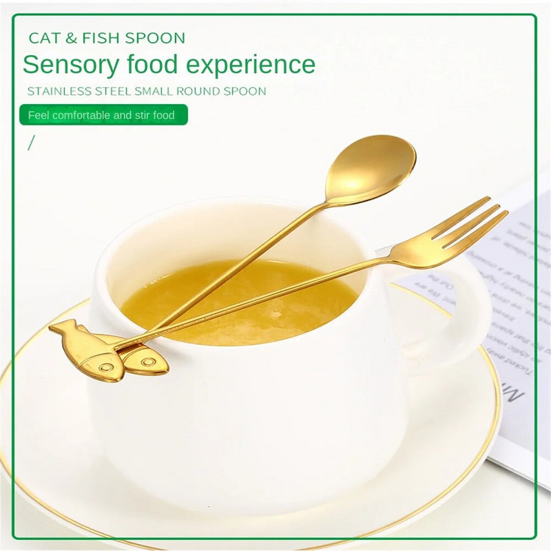 Kūrybingas nerūdijančio plieno kavos maišymo šaukštas Animacinis kačių žuvies kabantis puodelis arbatinis šaukštelis vaisių desertas šakutė pieniškas ledų indai