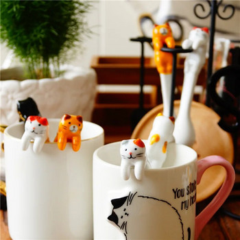 Креативна лъжица Инструменти за пиене Кухненска джаджа Прибори за хранене Сервии Керамични лъжички за кафе и чай Мини котка къса дръжка