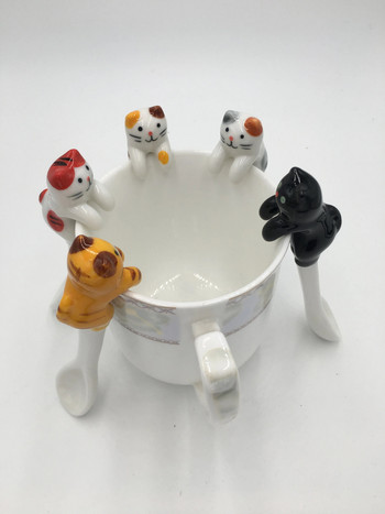 Креативна лъжица Инструменти за пиене Кухненска джаджа Прибори за хранене Сервии Керамични лъжички за кафе и чай Мини котка къса дръжка