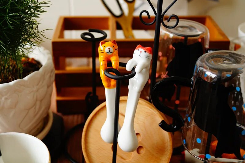 Креативна лъжица Инструменти за пиене Кухненска джаджа Прибори за хранене Сервии Керамични лъжички за кафе и чай Мини котка къса дръжка