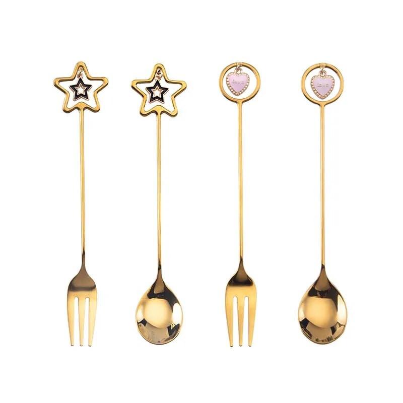 Съдове за хранене от неръждаема стомана Творческа лъжица Десертна лъжица Вилица Вилица за плодове Анимационно сърце Звезда Сладка японска лъжица за разбъркване на кафе