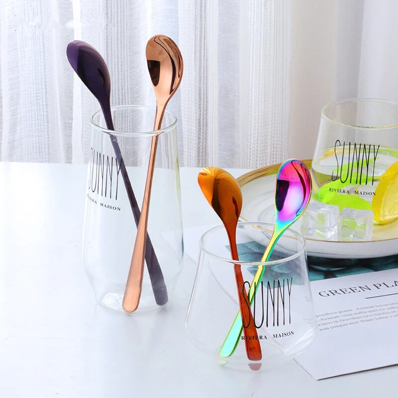 Симпатична лъжица за разбъркване на кафе от неръждаема стомана Прибори за хранене с дълга дръжка Лъжица за сладолед Десерт Чаена лъжичка Кухненски прибори за хранене Прибори