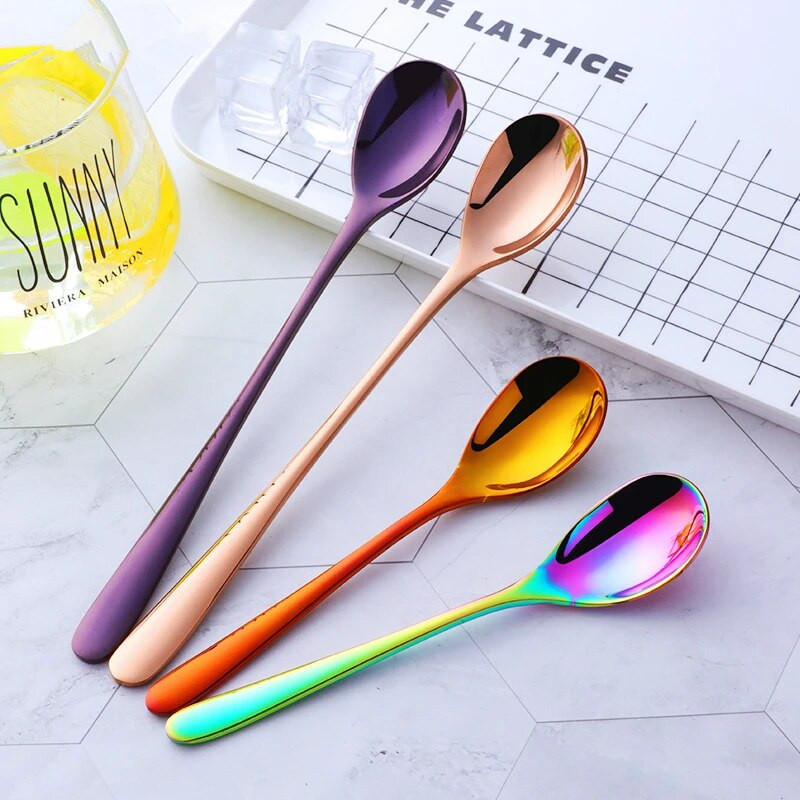 Симпатична лъжица за разбъркване на кафе от неръждаема стомана Прибори за хранене с дълга дръжка Лъжица за сладолед Десерт Чаена лъжичка Кухненски прибори за хранене Прибори