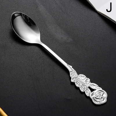 1PC Лъжица за кафе от неръждаема стомана Творческа дръжка във форма на розово цвете Чаена торта Десертна лъжица Вилица за плодове Посуда Кухненски принадлежности