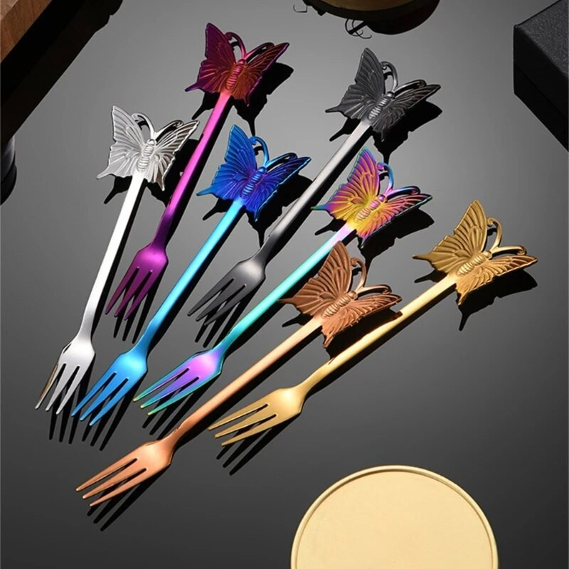 2 vnt. Užkandžiai Pyragas Vaisių šakutė Drugelio formos torto šaukštas Degustacinės šakutės Šaukštai Nerūdijančio plieno medžiaga