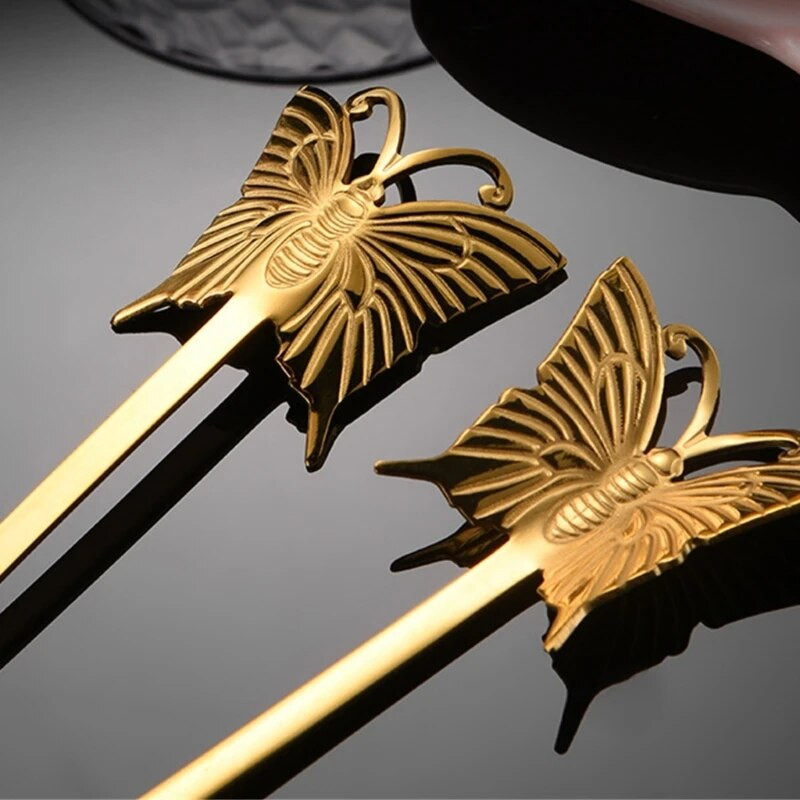 2 vnt. Užkandžiai Pyragas Vaisių šakutė Drugelio formos torto šaukštas Degustacinės šakutės Šaukštai Nerūdijančio plieno medžiaga