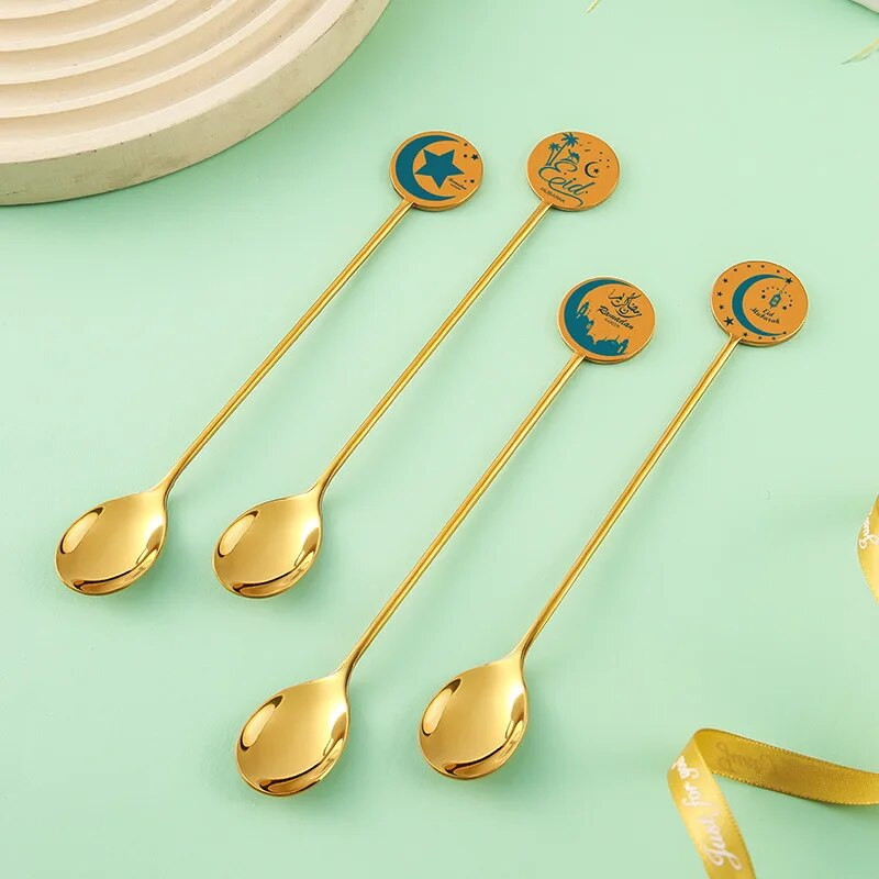 Star Moon Eid Mubarak Кафена лъжица Златно сребърна лъжица от неръждаема стомана Вилица Рамадан Декор Ислям мюсюлмански прибори за хранене Парти консумативи