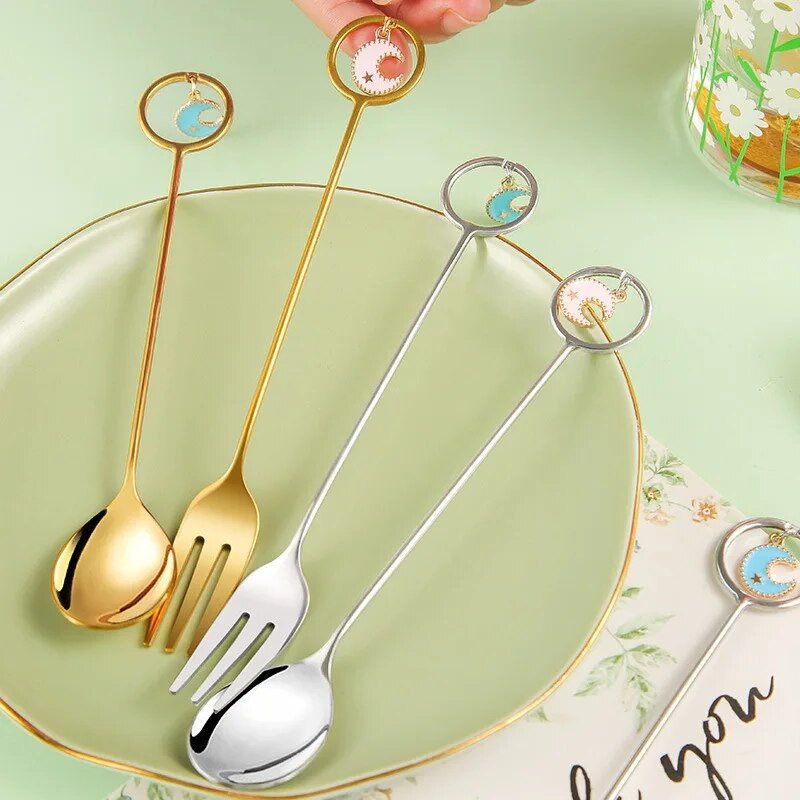 Star Moon Eid Mubarak Кафена лъжица Златно сребърна лъжица от неръждаема стомана Вилица Рамадан Декор Ислям мюсюлмански прибори за хранене Парти консумативи