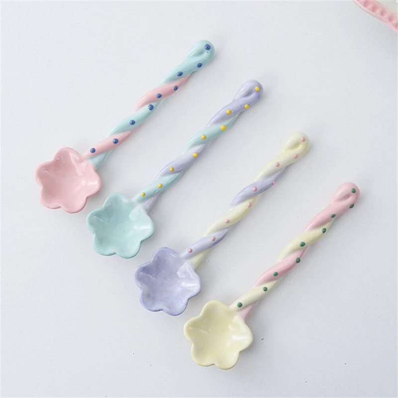 Macaron Flowers Kerámia kanál háztartási, hosszú nyelű kanál Aranyos étkészlet Konyhai Só Cukor Fűszeres Kanál Konyhai edények