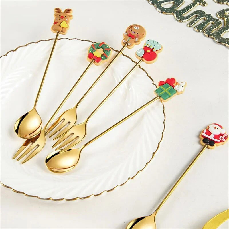 Božićna serija Žlica od nehrđajućeg čelika Vilica Kava Mlijeko Žličica za miješanje Crtić Torta Sladoled Žlica Voće Vilica Dječje posuđe