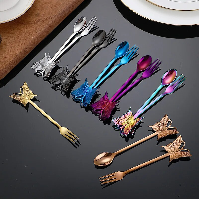 Drugelio rankena pakabinami kavos šaukštai, maži 304 nerūdijančio plieno maišymo šaukšteliai, mini vaisių šakutės virtuvės dekoro priedai