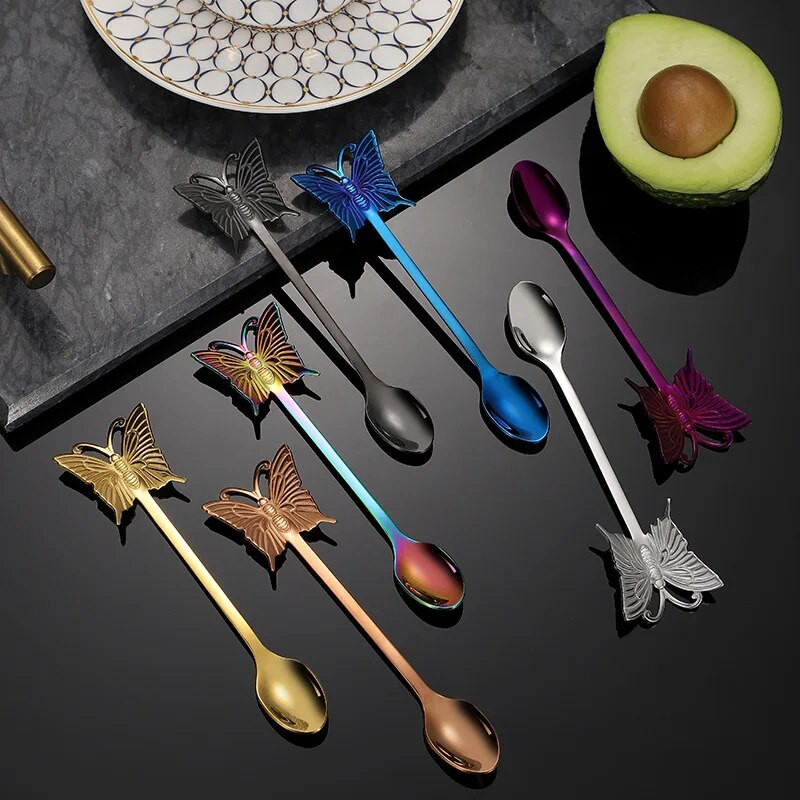 Drugelio rankena pakabinami kavos šaukštai, maži 304 nerūdijančio plieno maišymo šaukšteliai, mini vaisių šakutės virtuvės dekoro priedai