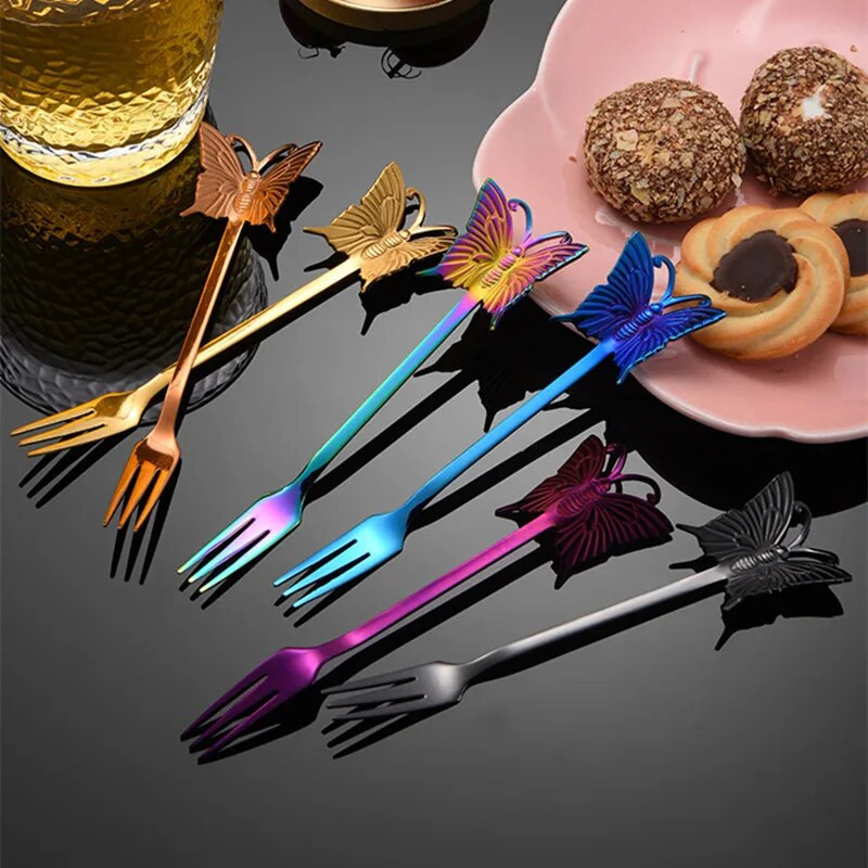 Drugelio rankena pakabinami kavos šaukštai, maži 304 nerūdijančio plieno maišymo šaukšteliai, mini vaisių šakutės virtuvės dekoro priedai