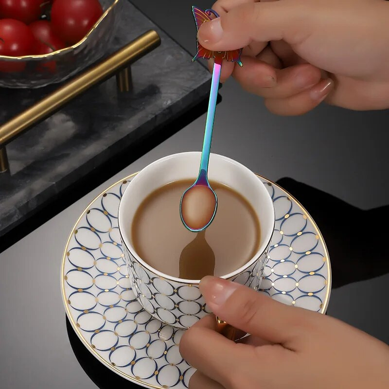 Drugelio rankena pakabinami kavos šaukštai, maži 304 nerūdijančio plieno maišymo šaukšteliai, mini vaisių šakutės virtuvės dekoro priedai