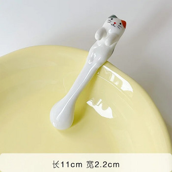 Μαλακό χαριτωμένο ζωγραφισμένο στο χέρι Γάτα Κρεμαστό αυτί για καφέ Κουτάλι Ανάμειξης Δημιουργικό τρισδιάστατο κεραμικό κουτάλι Κουτάλι γλυκού με κοντή λαβή