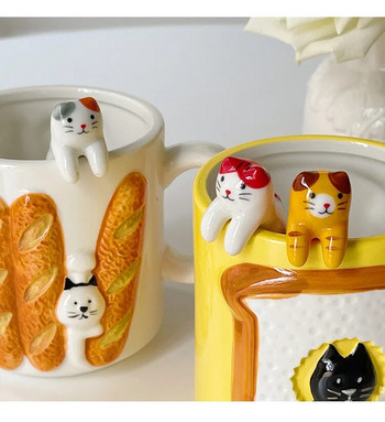 Мека, сладка, ръчно рисувана котка, кафе, висящо ухо Лъжица за смесване Творческа триизмерна керамична лъжица Десертна лъжица с къса дръжка