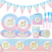 Разкриване на пола Съдове за еднократна употреба Розово, синьо, момче или момиче, чиния, салфетка, чаша, покривка, бебешко парти, парти, декорация на маса, консумативи