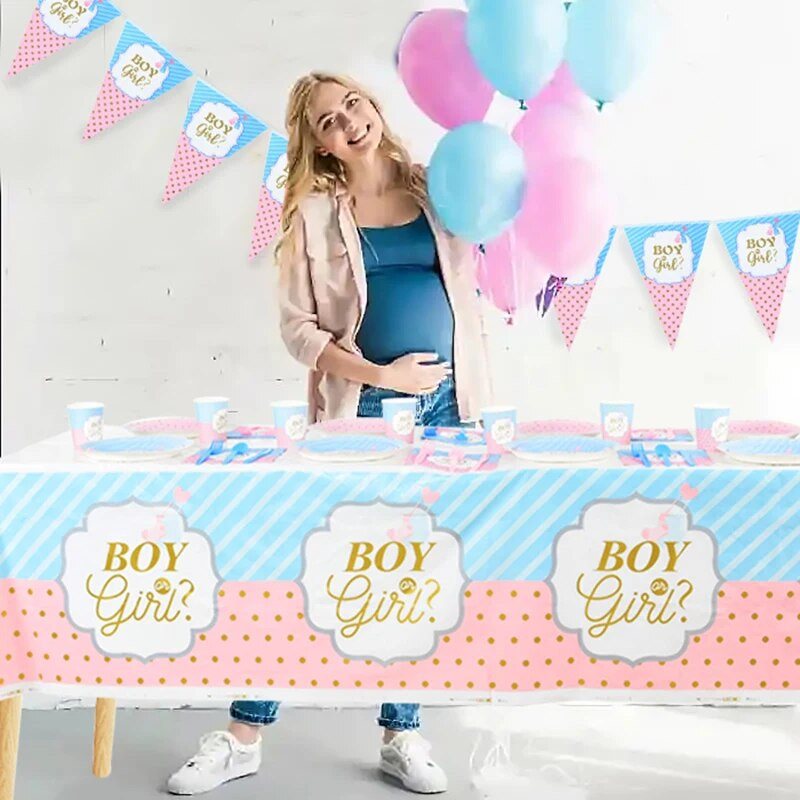 Разкриване на пола Съдове за еднократна употреба Розово, синьо, момче или момиче, чиния, салфетка, чаша, покривка, бебешко парти, парти, декорация на маса, консумативи