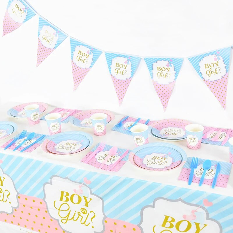 Разкриване на пола Съдове за еднократна употреба Розово, синьо, момче или момиче, чиния, салфетка, чаша, покривка, бебешко парти, парти, декорация на маса, консумативи