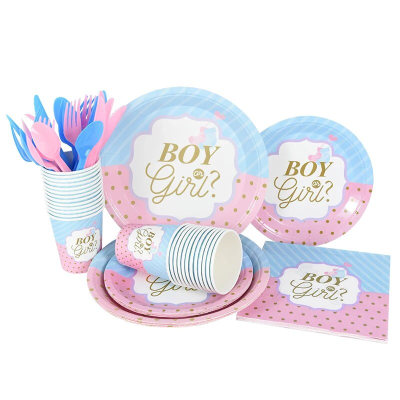 Разкриване на пола Съдове за еднократна употреба Розово, синьо, момче или момиче, чиния, салфетка, чаша, покривка, бебешко парти, парти, декорация на маса, консумативи