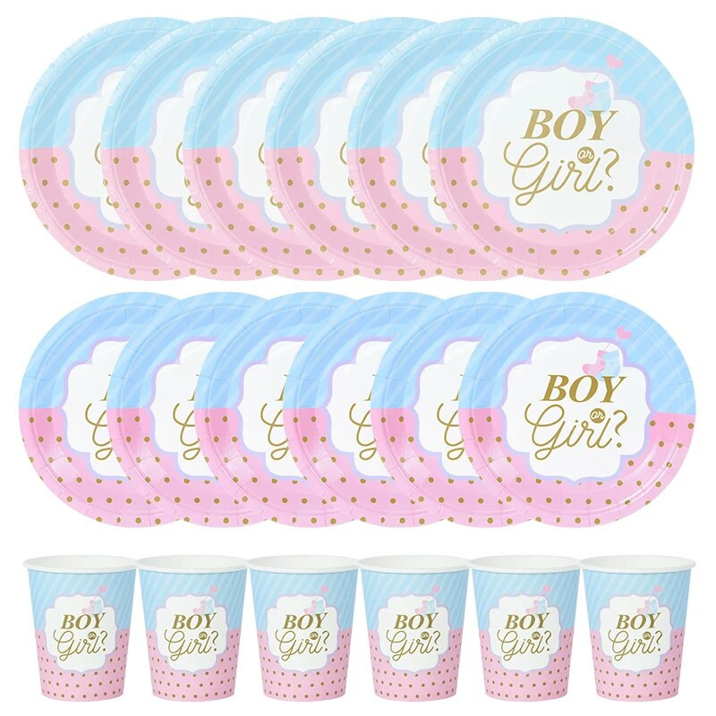 Разкриване на пола Съдове за еднократна употреба Розово, синьо, момче или момиче, чиния, салфетка, чаша, покривка, бебешко парти, парти, декорация на маса, консумативи
